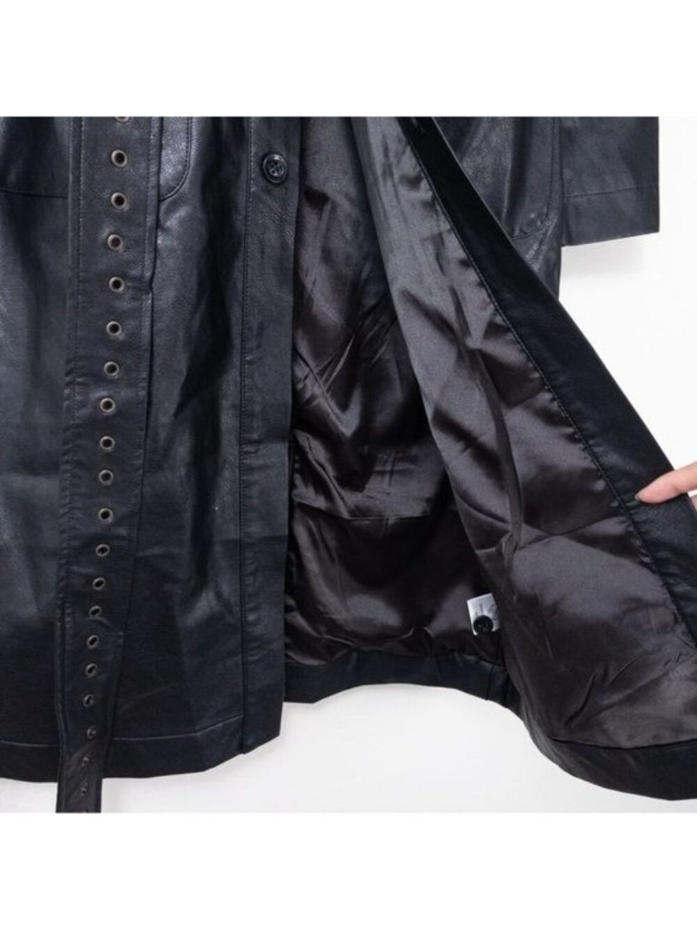 NWT Honor The Gift Vegan Leather Belted Trench Coat S Black Oversized Logo - Picture 10 of 15